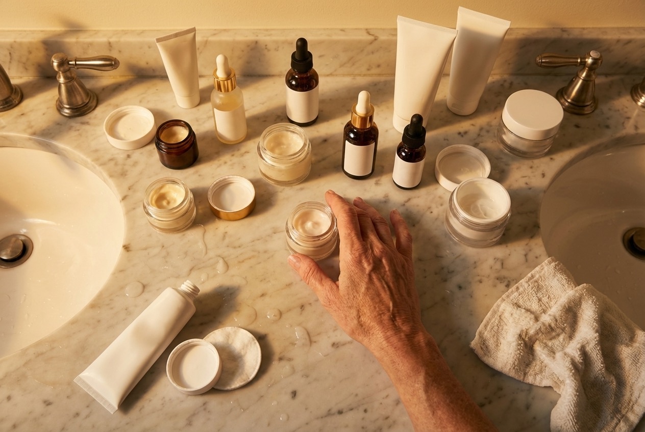 Bathroom counter covered with retinol, serums and skincare products
