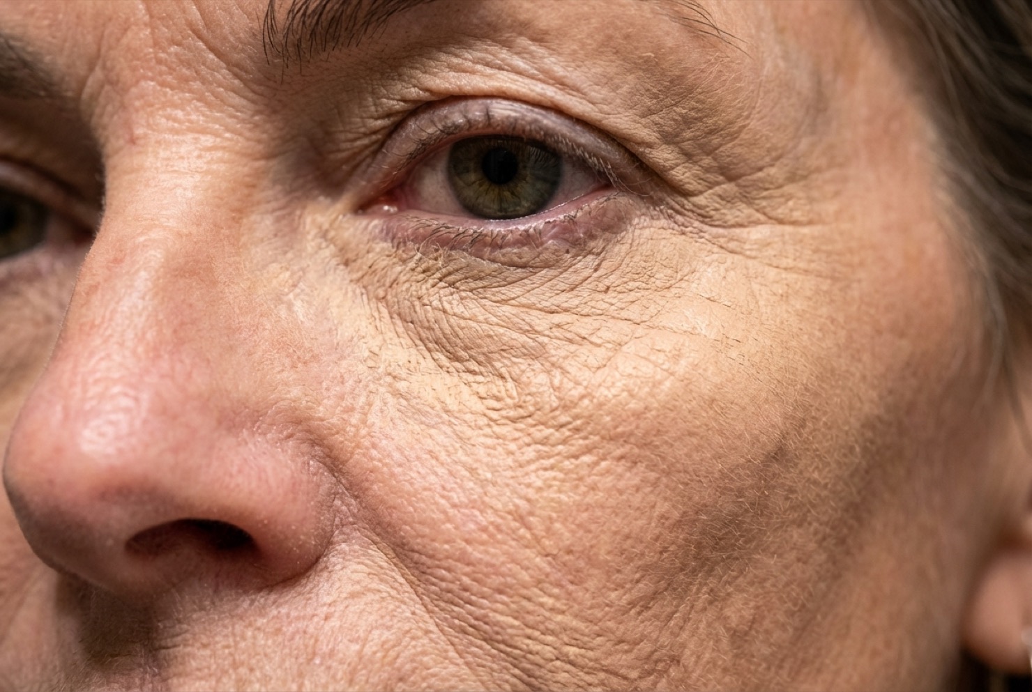 Close-up of under-eye area showing fine lines and hollowing