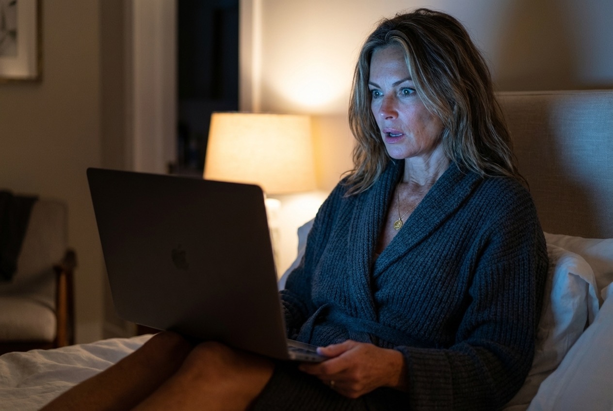Woman researching skincare at night